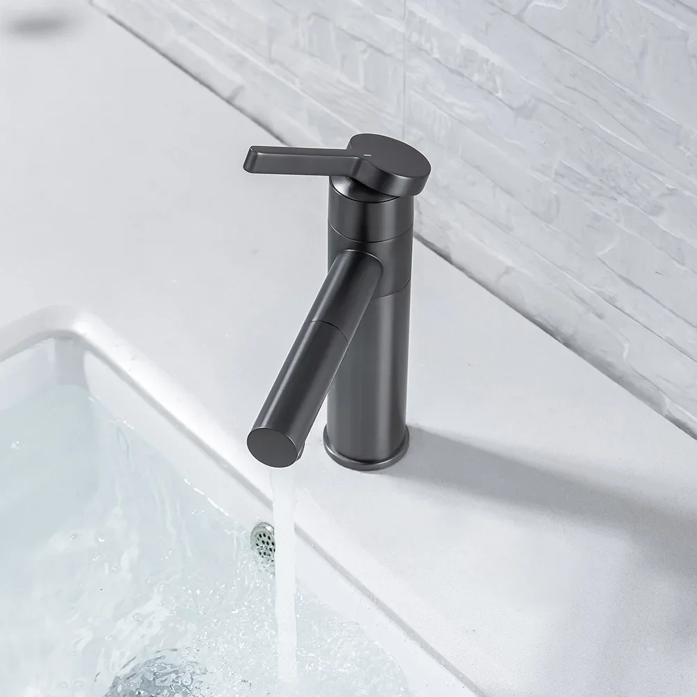 Bathroom Sink Faucets 360 Rotation Spout Short Basin Mixer Tap Hot&Cold Faucet Water Taps Crane Brass Gun Gray