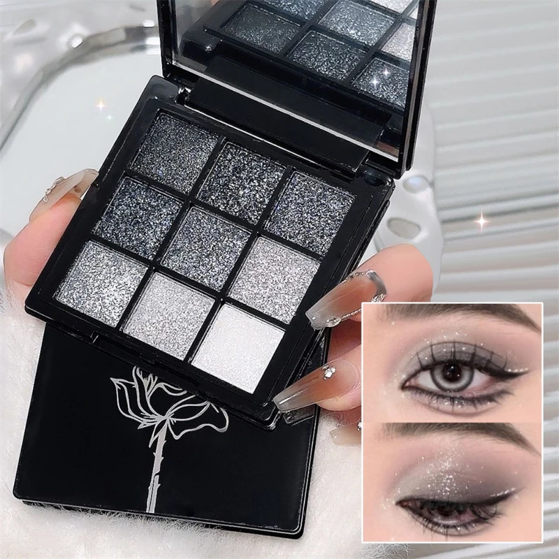 Negen Kleuren Contouren Punk Rokerige Oogschaduw Palet Donker Zwart Geperst Glitter Langdurige Oogschaduw Pallet Vrouwen Cosmetica