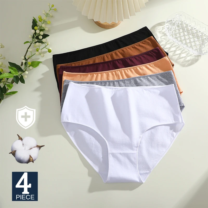 Finetoo 4Pcs Baumwolle Slip Frauen Pantys Mittlere Taille Höschen Weibliche Unterhose Einfarbig Panty Dessous Plus Größe Dessous S-2XL