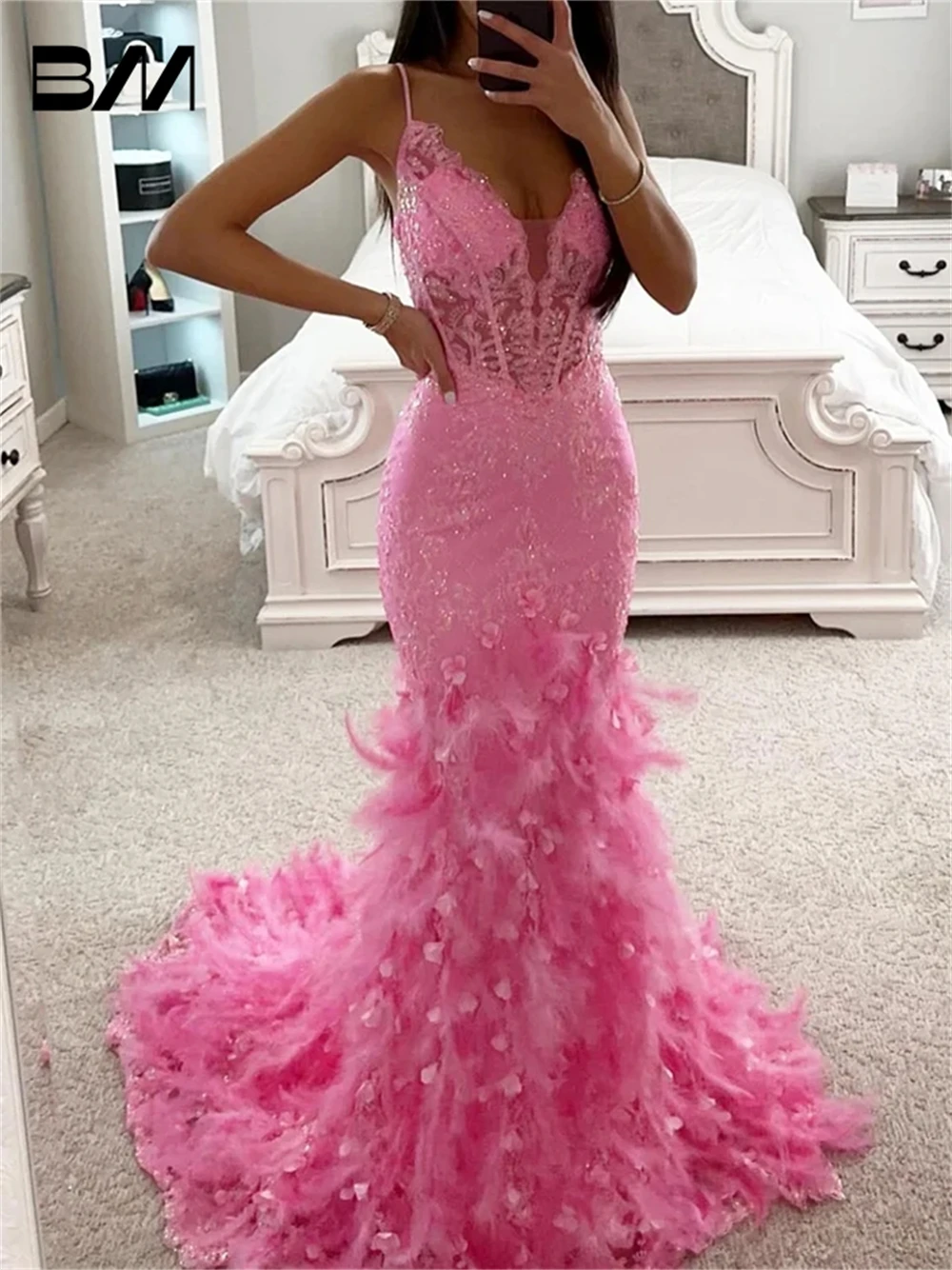 Vestido de fiesta de sirena con plumas de color rosa intenso para mujer, vestido de noche de encaje con lentejuelas y tirantes finos, vestidos de fiesta de boda de lujo