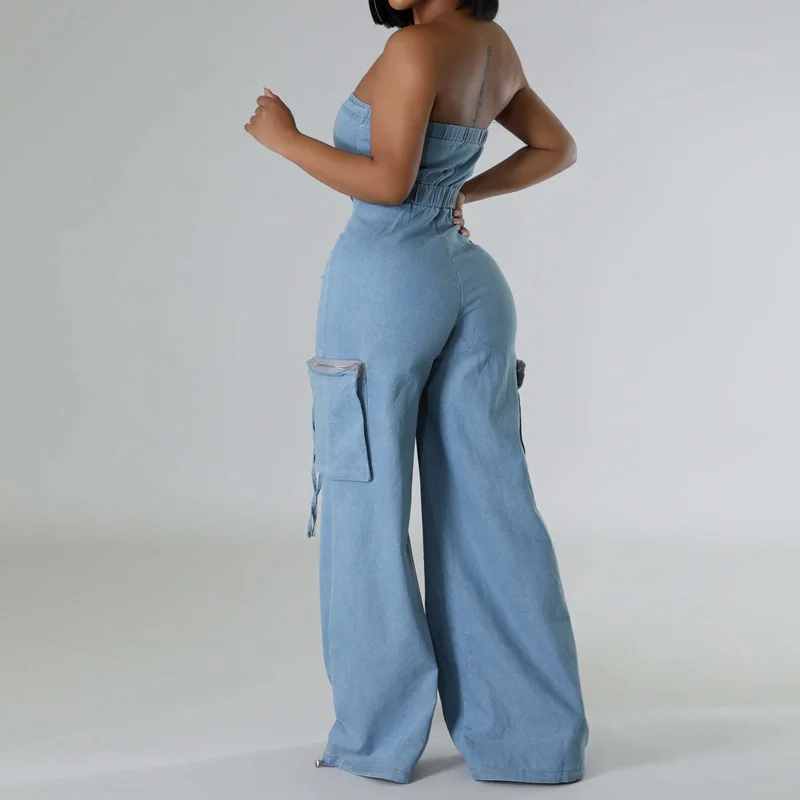 Slergiri-mono de tubo vaquero Cargo frontal con botones para mujer, ropa de calle sexi para discoteca, monos de pierna ancha de cintura alta con bolsillos grandes