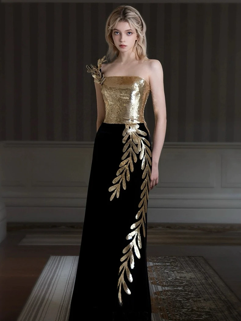 Woman Evening Dresses Black Golden One Shoulder Sequins Slim Floor Length Wedding Party Celebrity Prom Lady Cocktail Gowns