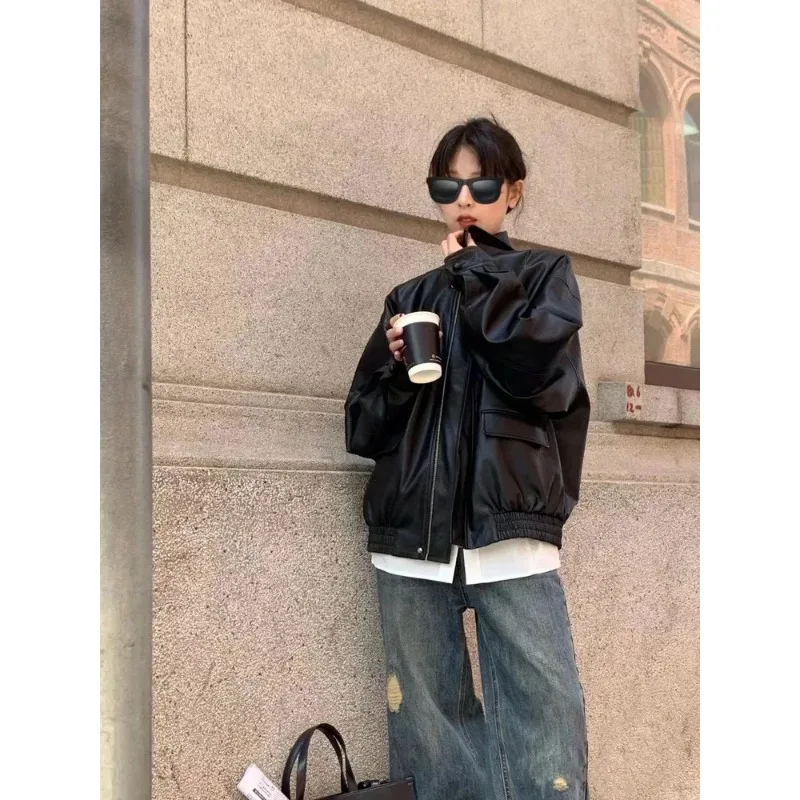 Vintage PU deri ceket kadınlar yüksek sokak Techwear boy Moto Biker Coats BF Punk gevşek rahat kırpılmış giyim
