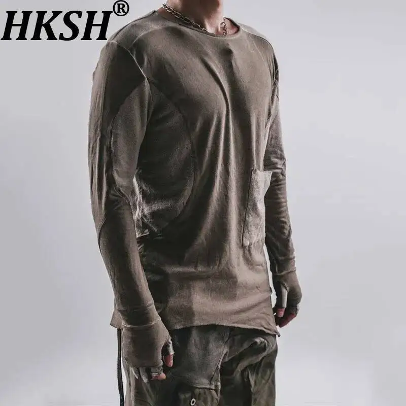 

HKSH весна осень новый мужской отходы наземный стиль мытая трехмерная лоскутная футболка с длинными рукавами модные шикарные пуловеры HK13418