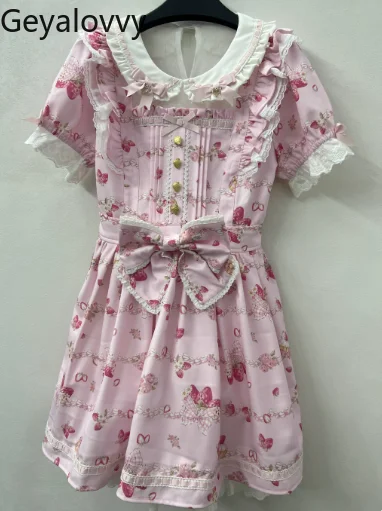 

Массовое производство, клубничное повседневное элегантное платье Лолиты, женские летние платья с короткими рукавами и принтом для женщин, милые и милые