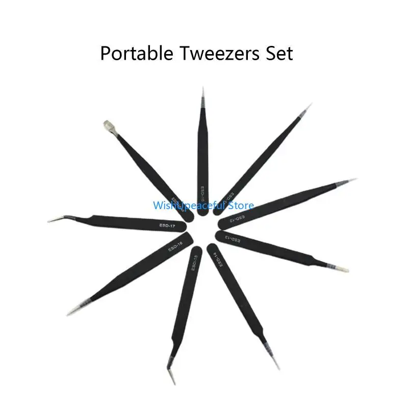 

34YA ESD Tweezer Tool 9 Pcs Anti-Static Stainless Steel Tweezers DIY