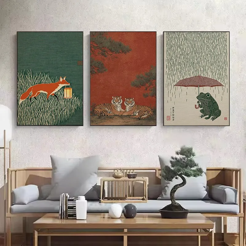 Vintage Japanese Style Illustration Train Animals Amphibian Otter Swimming Poster Canvas Painting Wall Pictures Home Decor