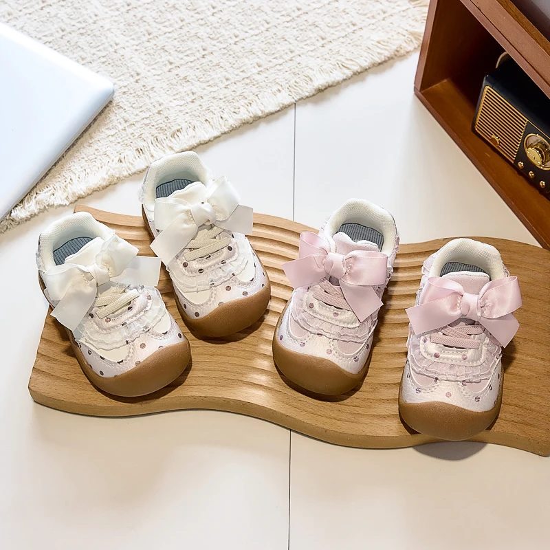 Baby Walking Shoes Sweet Ribbon Bows Toddler Princess Shoes Toes Capped 2026 Brand New Kids Casual Shoes Trendy Soft Sole