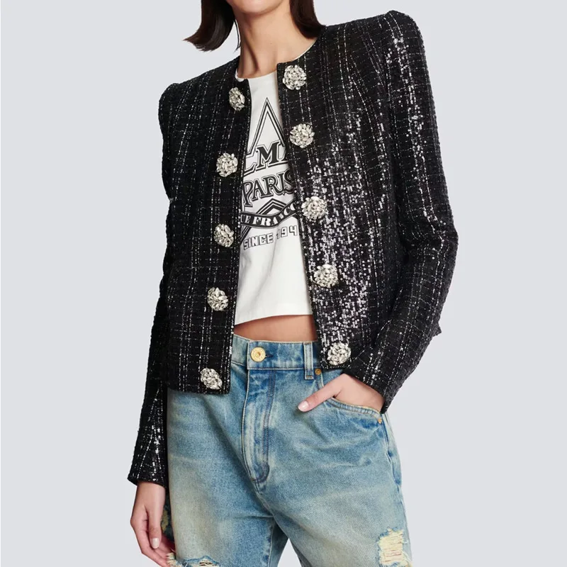 Women Black Jacket Luxury Beaded Design Long Sleeve Heavy Sequins Coat