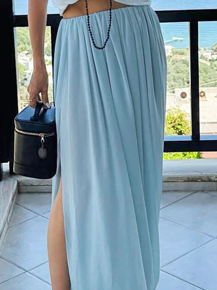 خريف شتاء جديد عالية الخصر الشيفون التنانير عادية بلون فضفاض مطوي التنانير سيدة أنيقة سبليت الشاطئ عطلة تنورة طويلة