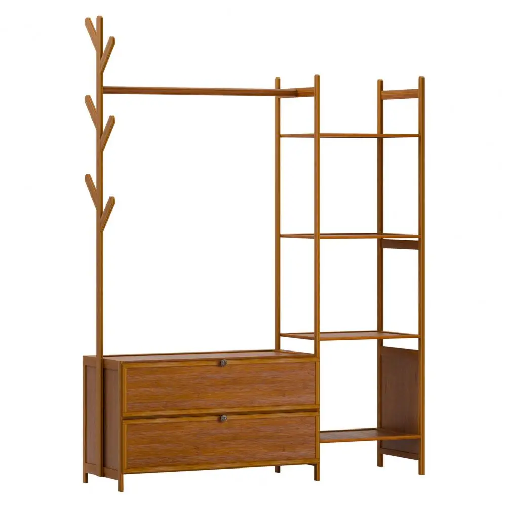 Open Wardrobe Coat Stand Bamboo Garment Rack with Shelves Clothing Hanging Rail