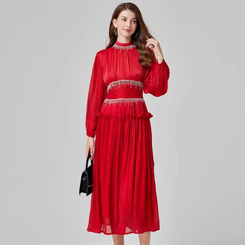 

Luxury Tassel Diamonds Holiday Midi Dress Women Stand Lantern Sleeve Ruffles High Waisted Pleated Party Long Dress Robes