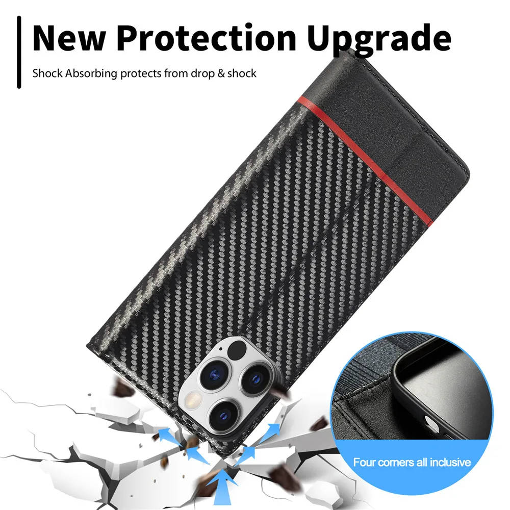 Carbon Fiber PU Leather Case for iPhone 15 16 Pro 14 13 12 11 XS Max XR 8 7 Plus SE 2022 Mini Wallet Card Slot Flip Phone Cover