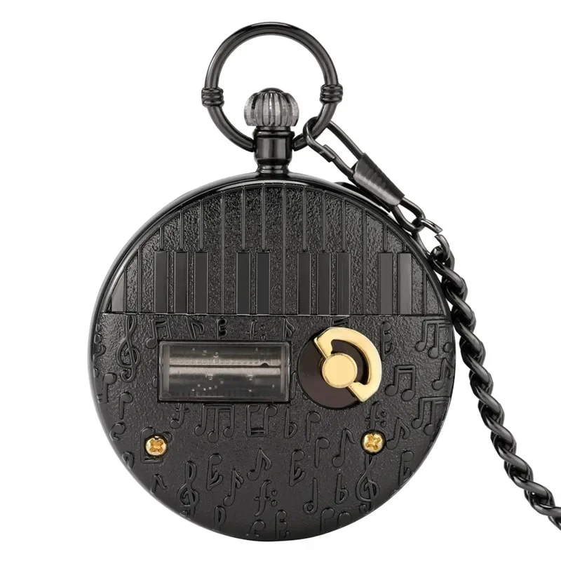 Unique Hollow Locomotive Train Case Playing Music City Sky Song Men Women Quartz Analog Pocket Watch FOB Pendant Chain Clock