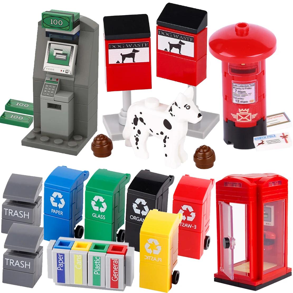 MOC Dog Wast Building Blocks Trash Can ATM Cash Point City Street View Postbox Telephone Booth Bricks Toys Kids Gift
