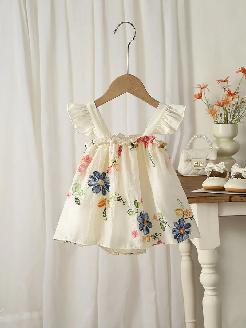 2026 Summer New Baby Bodysuit 3-24M Cute Flower Toddler Dress Girls Clothes Embroidered Flowers Infant One Piece