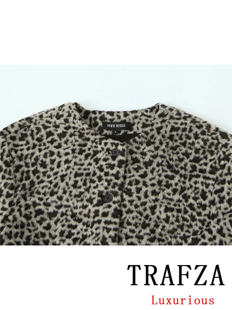 TRAFZA Vintage Casual Chic Leopard Women Suit ONeck Single Breasted Coat Mini Straight Skirt New Fashion 2024 Autumn Winter Suit