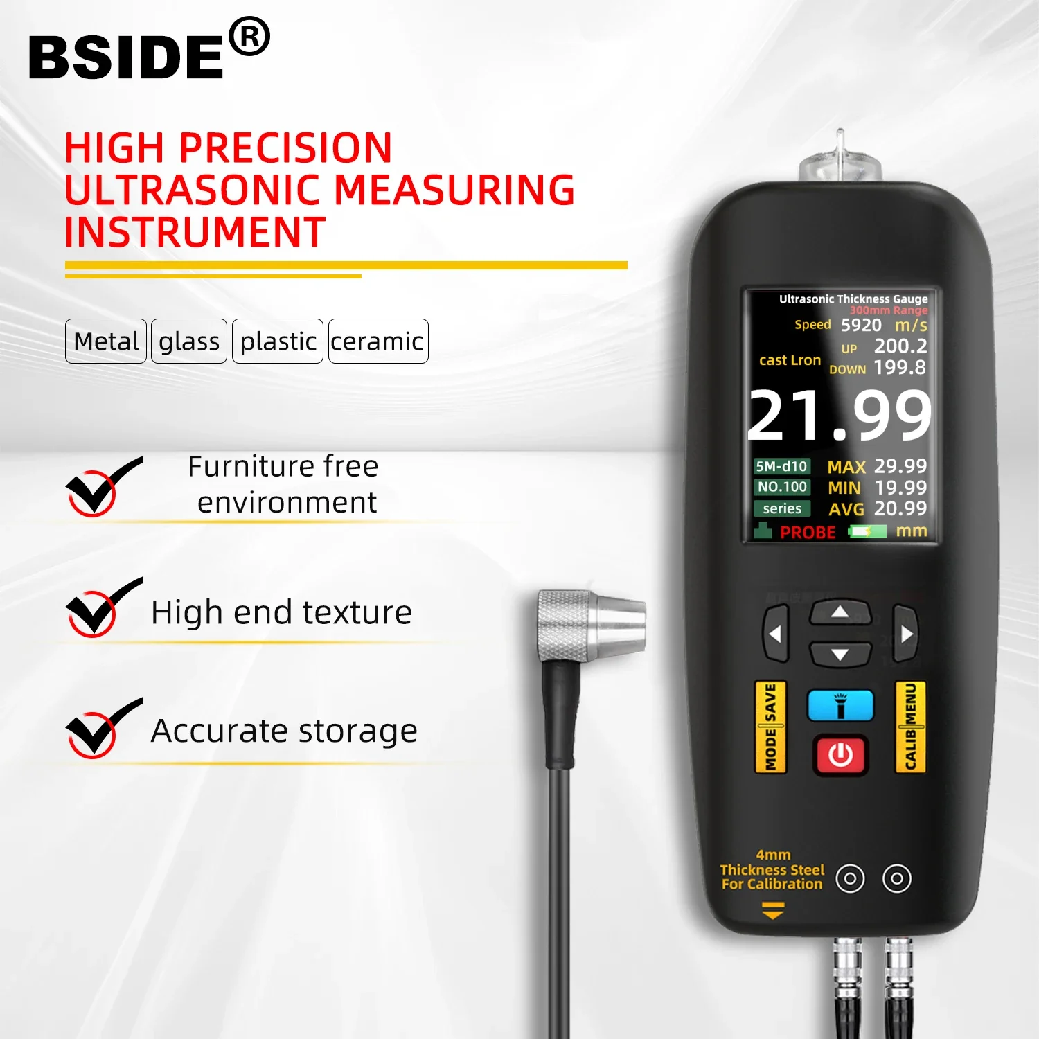 BSIDE T7 Digital Ultrasonic Thickness Gauge 0.01~300mm Metal Steel Pipe Wall Steel Glass Thickness Gauge Tester Rechargeable New