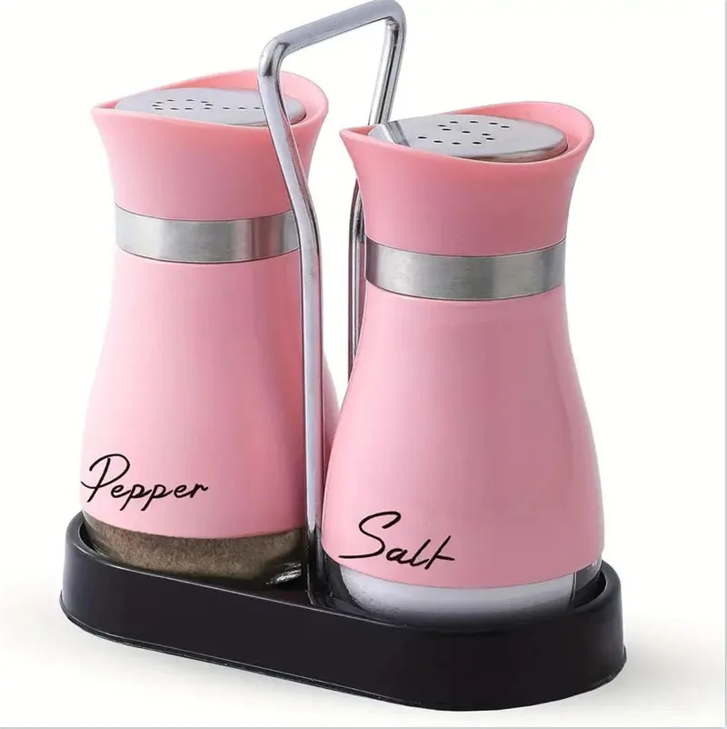 Kitchen Glass Spice Bottle Adjustable Refillable Salt and Pepper Shakers 2pcs Set with Shelf Spice Dispenser With Pour Holes