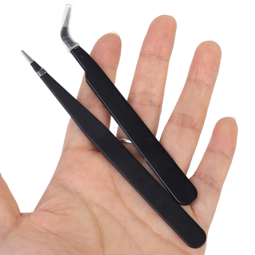 2PCS สแตนเลสสตีลสีดําแหนบขนตาความแม่นยําสูง Eyelash EXTENSION แหนบ Anti-Static เล็บ Rhinestone Tweezer