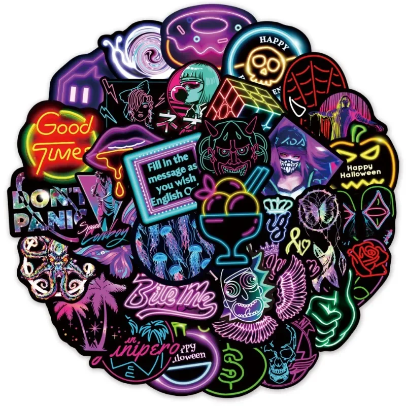 50 pçs moda estilo néon graffiti capacete da motocicleta adesivos à prova dwaterproof água bagagem traseira adesivos corpo do motor capa de risco adesivos