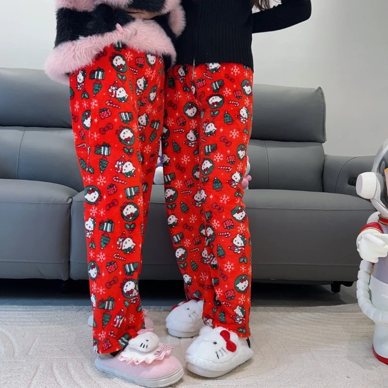 Hello Kitty świąteczne spodnie od piżamy Anime Sanrio 2024 nowe flanelowe mężczyźni kobiety zimowe spodnie typu casual damskie domowe luźne piżamy