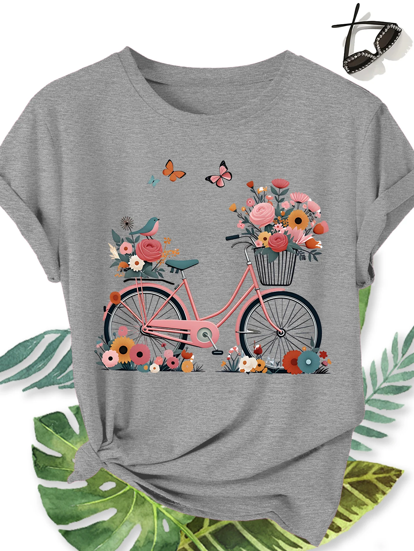 Pink Retro Bicycle+full of Flowers+butterfly Bird Print Soft T-shirt for Women Fashionable Commuting Vacation Daily Casual Top