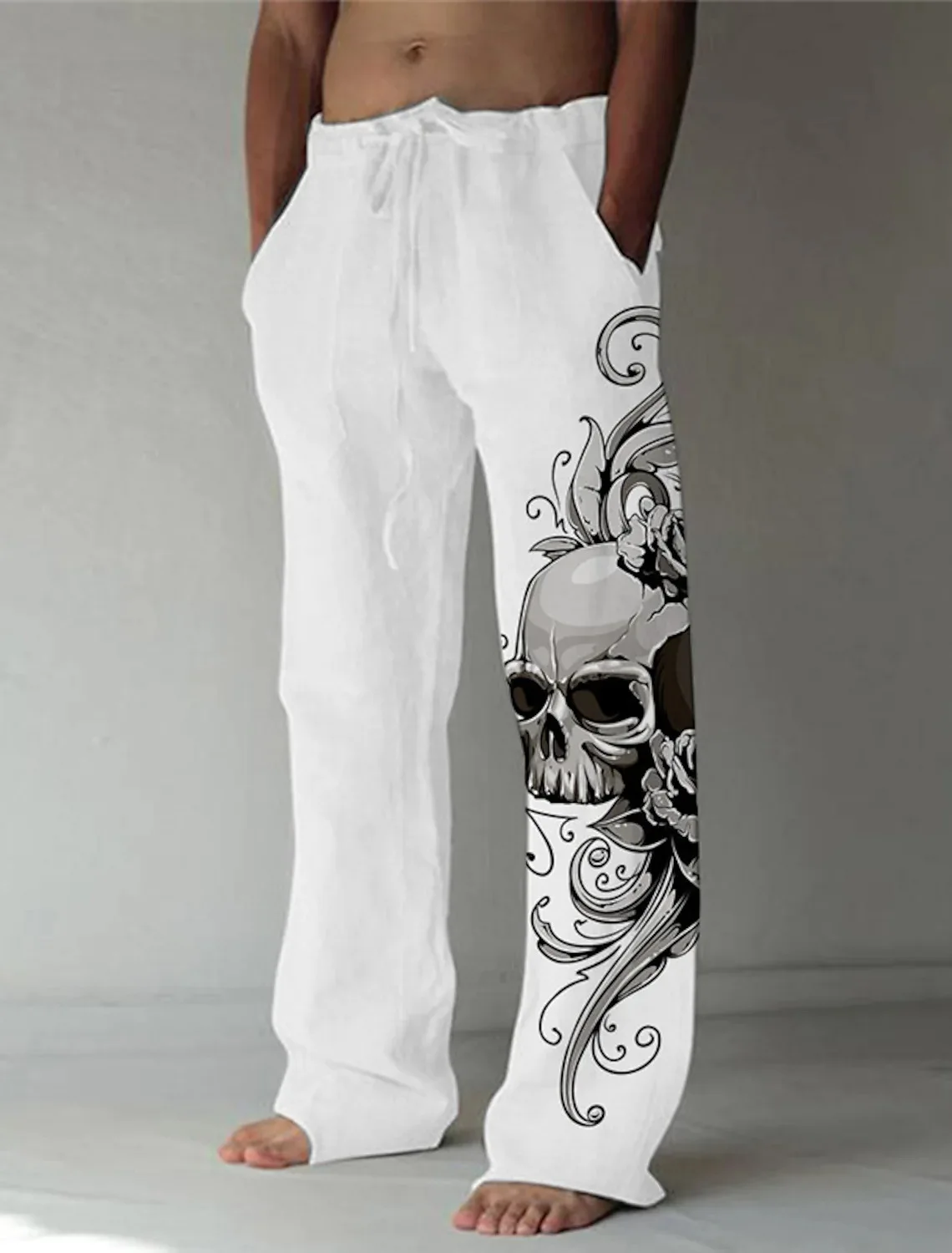 Thrilling Skull Eyes Printed Basic Casual Loose Pants For Men\'s New Summer Beach Travel Personalized Straight Leg Pants WR6