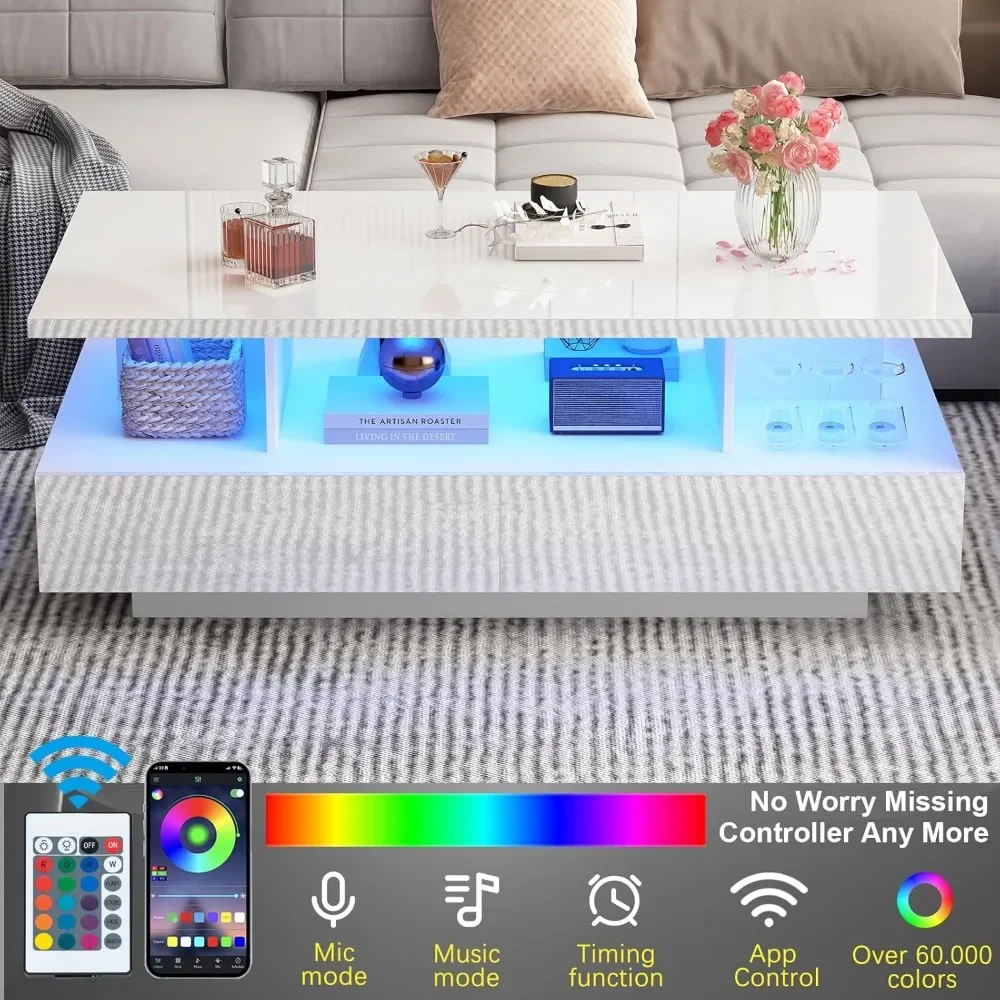 Mesa de centro LED con 2 cajones de almacenamiento, mesa de centro moderna con 60000 colores de iluminación, mesa central rectangular de 2 pisos