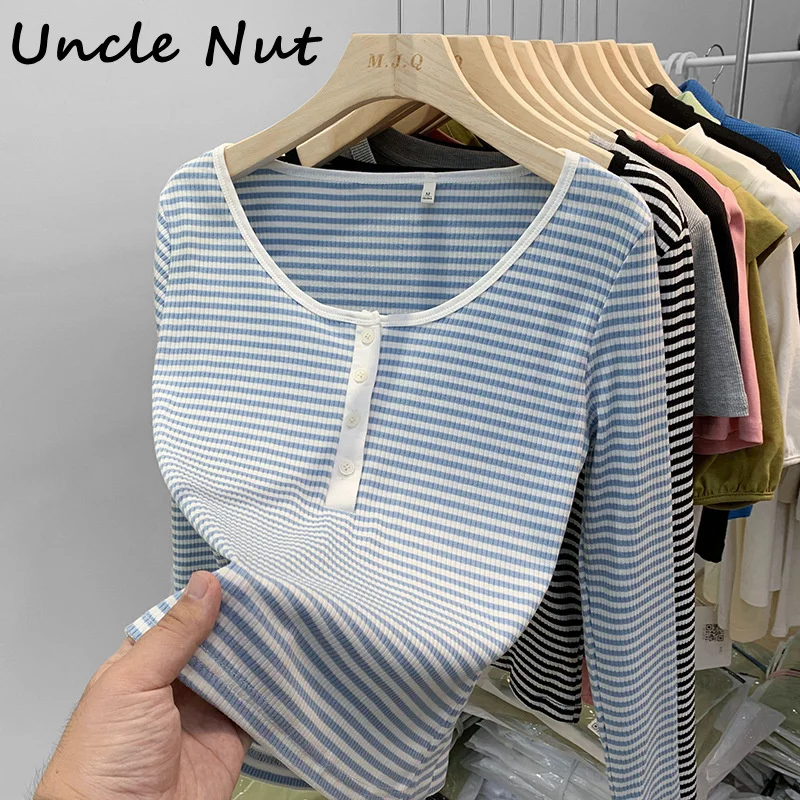 

Women Harajuku Striped Tshirt Long Sleeve Slim Fit Pullovers Tees Shirts Female Streetwear Base Tees Short Knitted Tops Korean