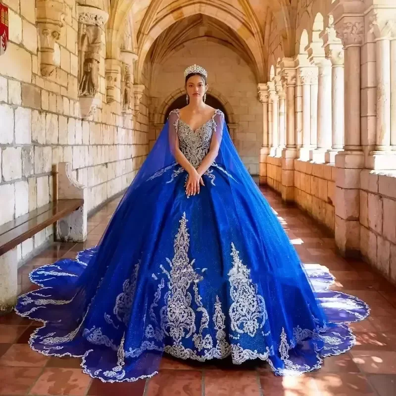 

Royal Blue Quinceañera Dresses Vestidos De 15 Anos with Wraps Lace Applique Princes Evening Gowns Girls' Long Prom Party Dresses