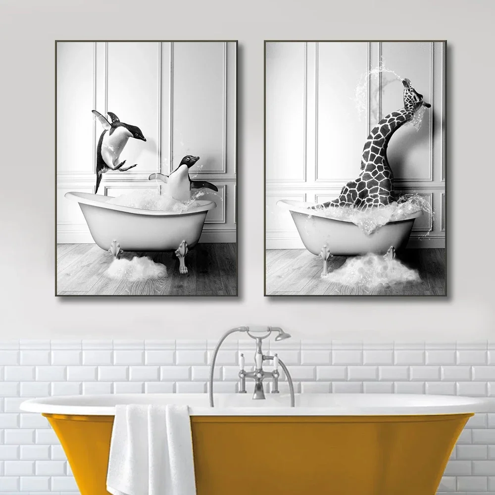 

Nordic Bathroom Animal Poster Toilet Elephant Giraffe in Bathtub Black and White Wall Art Canvas Painting Murals Home Decoration