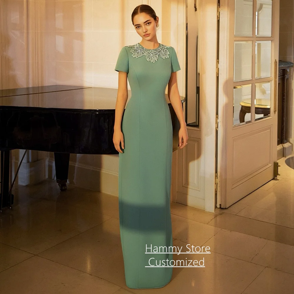 

Short Sleeves O Neck Evening Dress Customized Beading Sequin Floor Length Straight Saudi Arabian Party Dresses Prom Gown