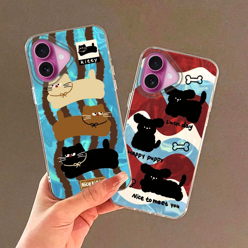 Cartoon Gestreifte Schwarze Katze Telefon Fall Für iPhone 16 16e 15 14 13 Pro Max 7 8 SE 2022 stoßfest Silikon Weiche Rückseitige Abdeckung Fundas