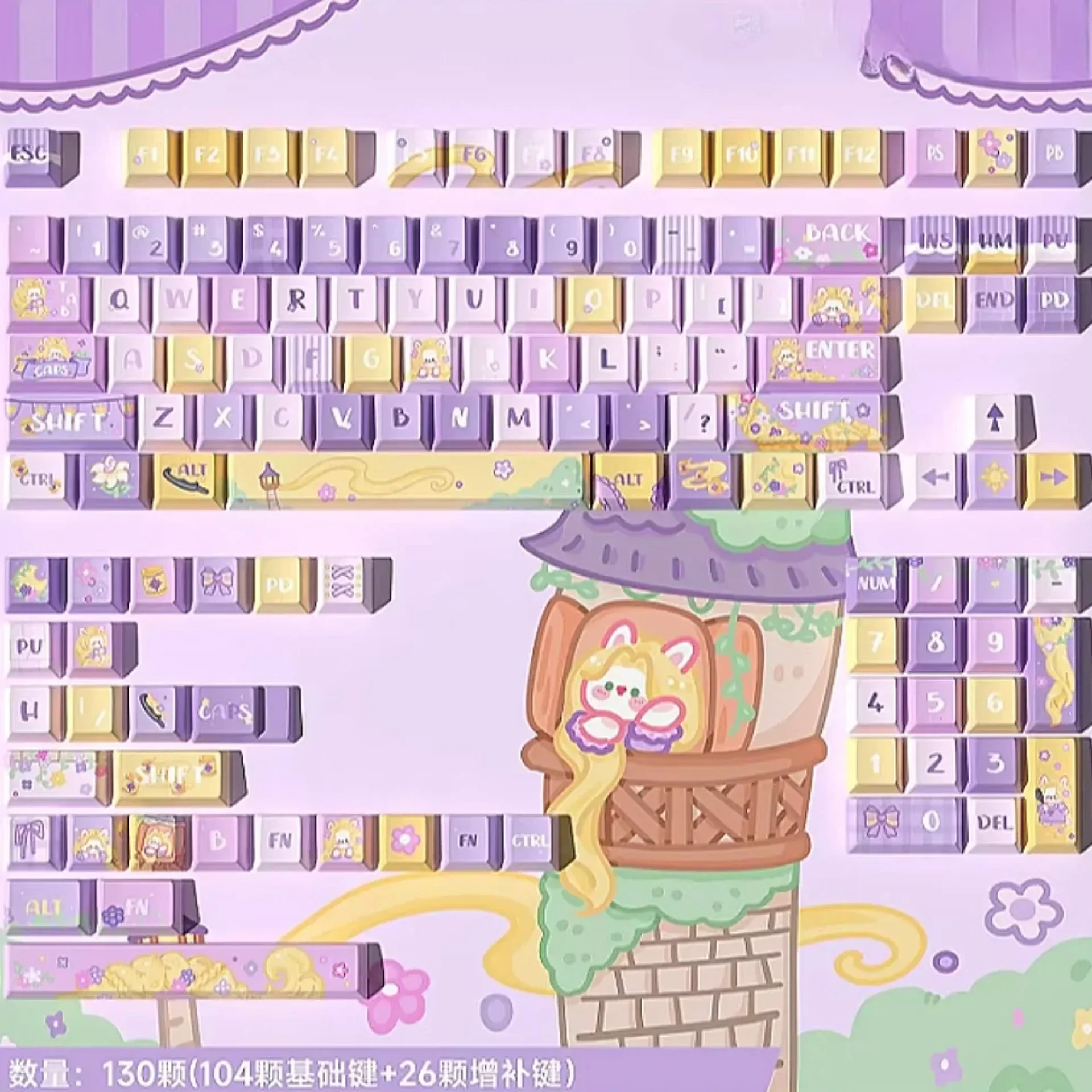 GEFENSI Cherry Keycaps PBT 130 Keys Long Hair Bunny Pink Cute For 60/64/84/98/108 Gaming Mechanical Keyboard MX Switch
