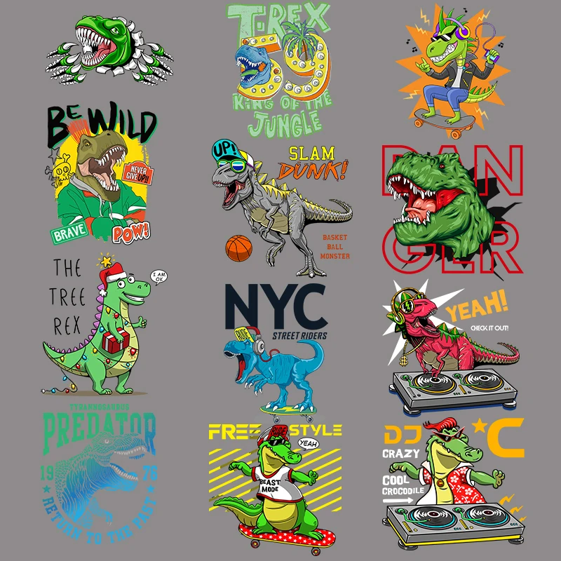 12 Cartoon Dinosaurus Brief Patch Voor Kids Iron On Heat Transfers Voor Kleding Toepassingen Diy T-shirt Applicaties Stickers