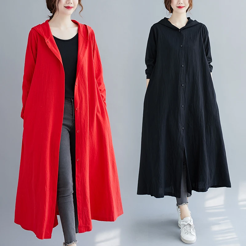 

Свободная хлопково-льняная ветровка средней длины с капюшоном больших размеров для похудения Dr, тонкая верхняя одежда, осенняя новинка, винтажная одежда для поездок на работу