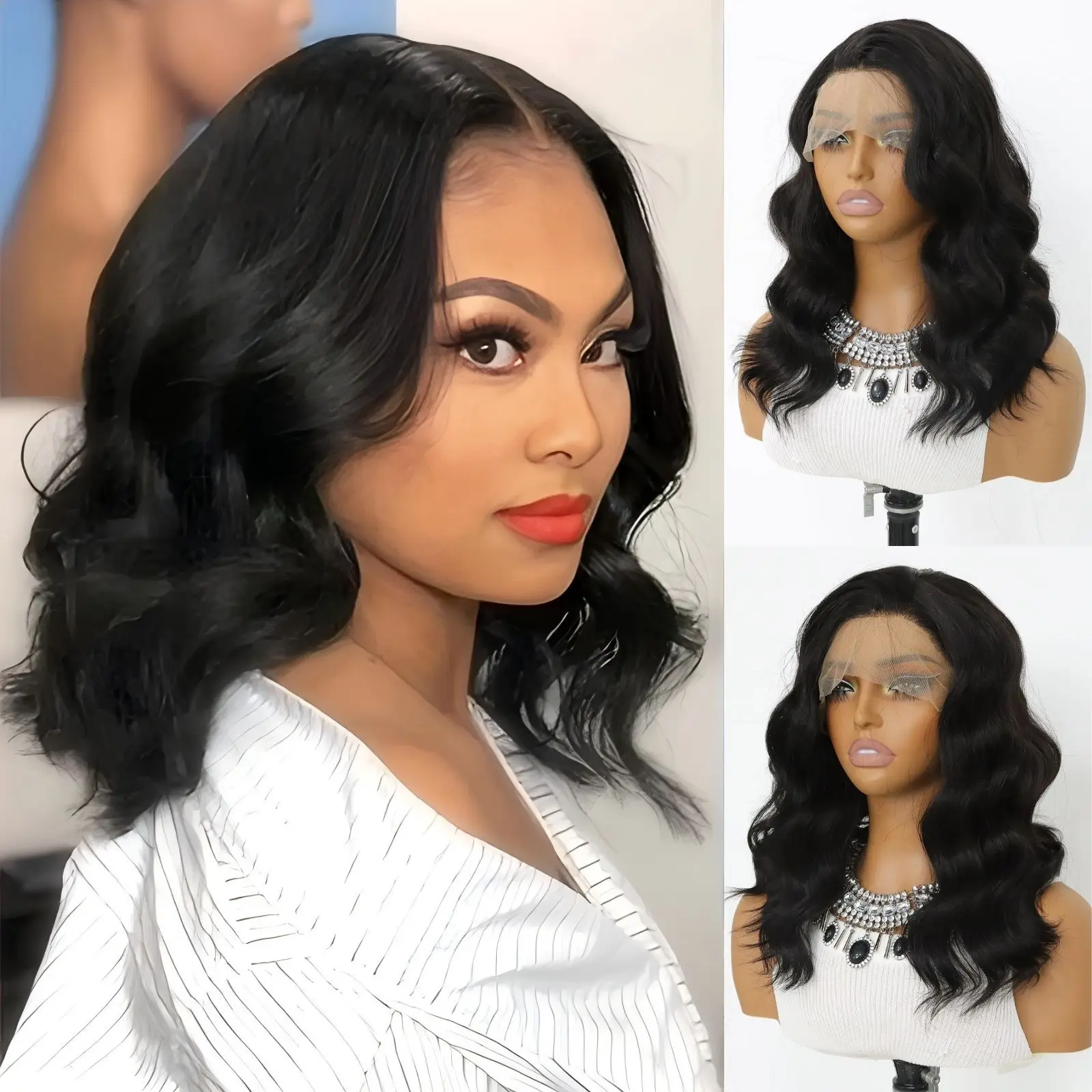 

Черные короткие объемные волнистые парики спереди, бесклеевые натуральные волны, синтетические термостойкие волокна, парик из волос с детскими волосами, 16 дюймов