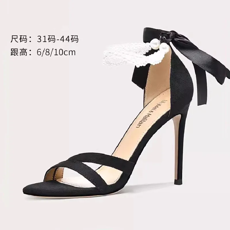 Summer New Round Toe Open Toe One Piece Suede Bow Pearl Sandals Thin High Heels Banquet Dress Large and Small Women's Shoes