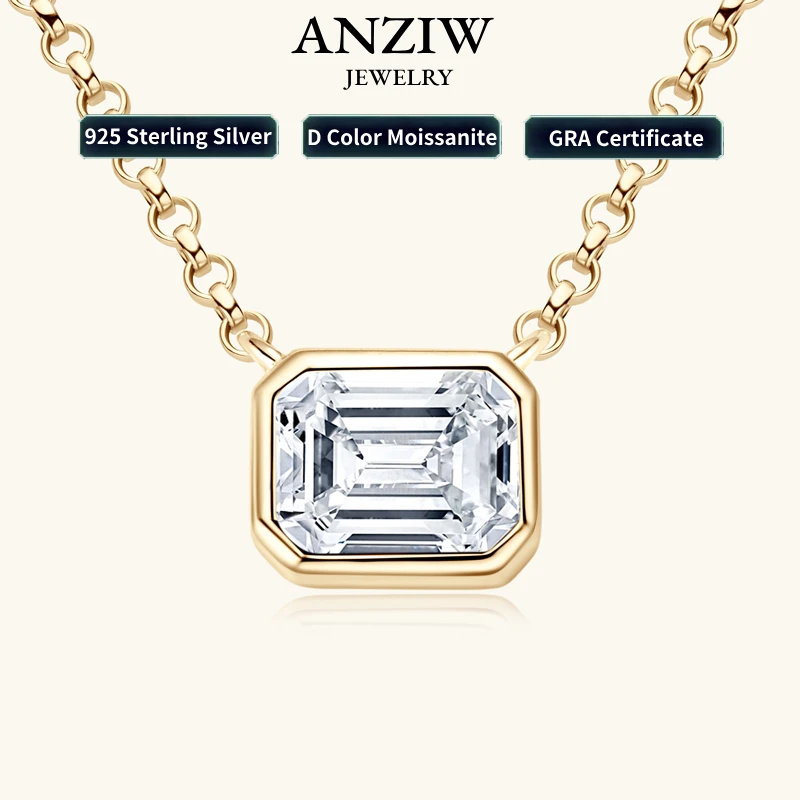 

ANZIW Emerald Cut Moissanite Pendant Necklace Adjustable Chain 925 Sterling Silver Wedding 40+5cm Chain Jewelry Woman Girl Gift