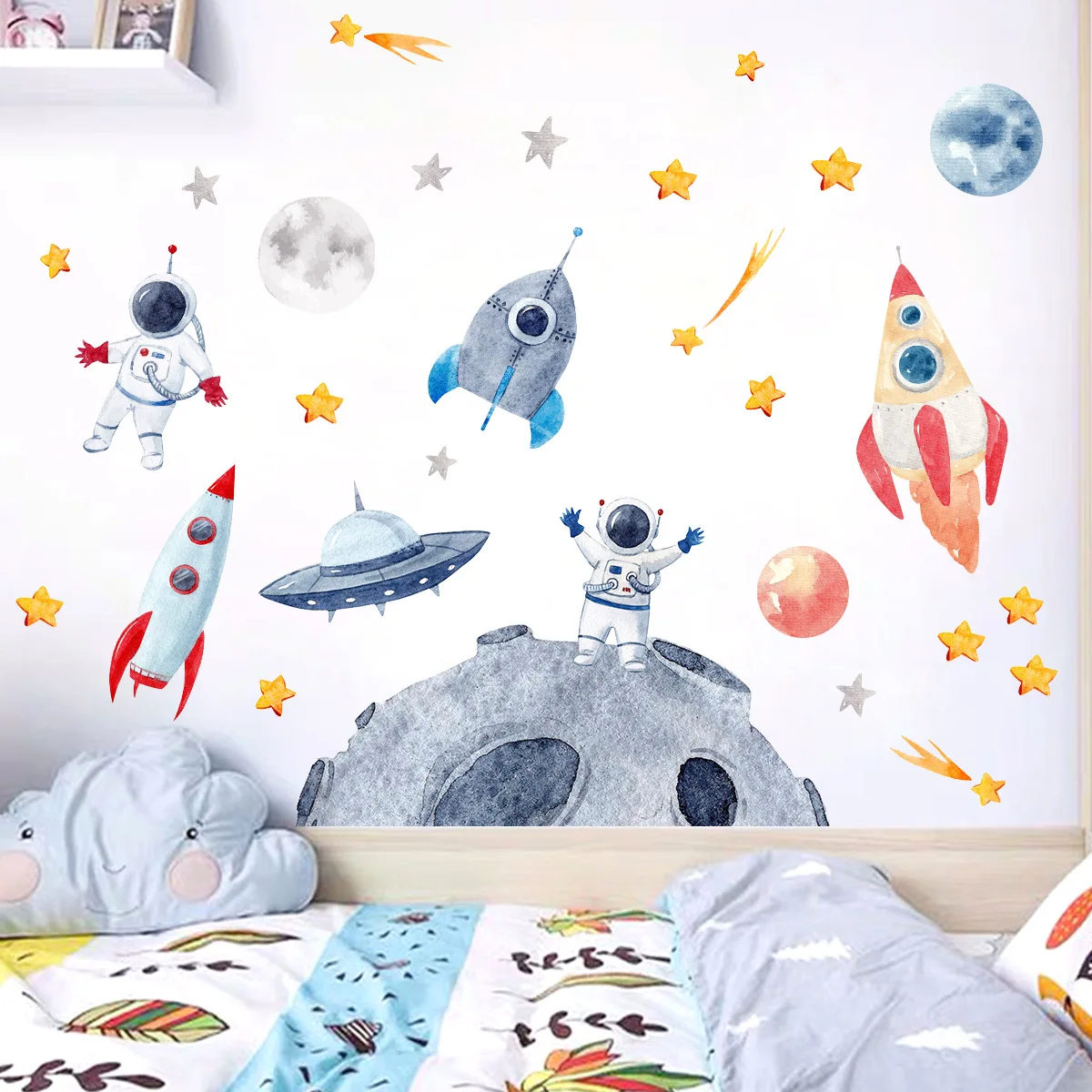 3D Creative Planetary Astronauts Wall Sticker Home Decor Cartoon Kids Room Bedroom Period Print Decal Mural Art Sky Poster Gift