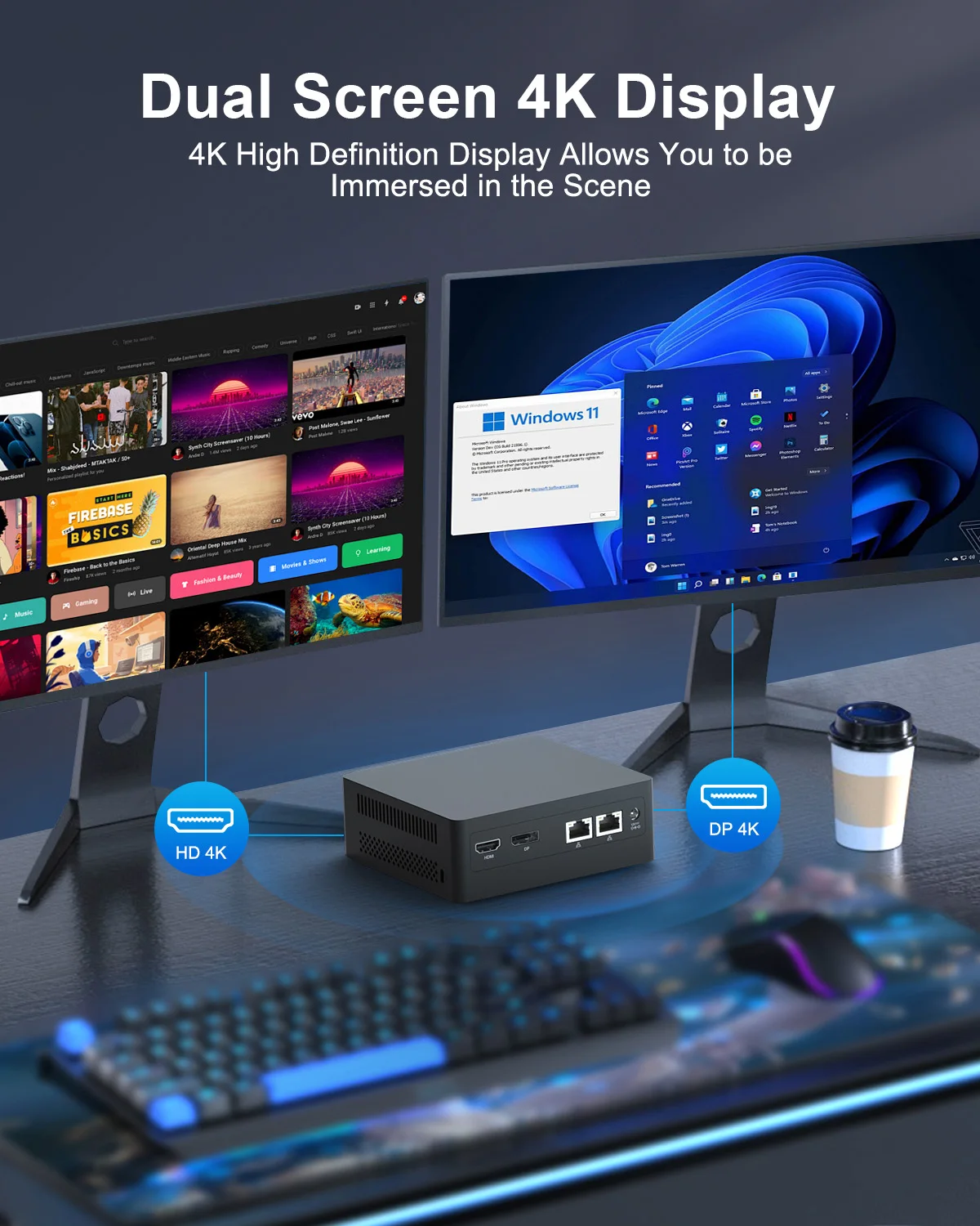 HYSTOU-Mini PC con procesador Intel Core Bureau, PC con software Windows 10, Linux, CPU N100, 4 USB, 2 LAN, DP, HD-MI, DDR5