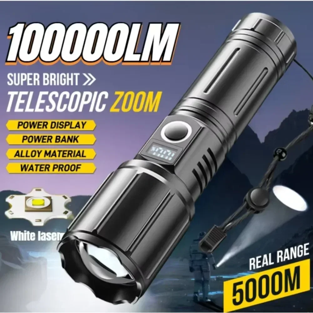 

Powerful White Laser LED Flashlight Long Shot 3000 Meter Use 26650 Battery Type C Rechargeable Tactical Portable Camping Lantern