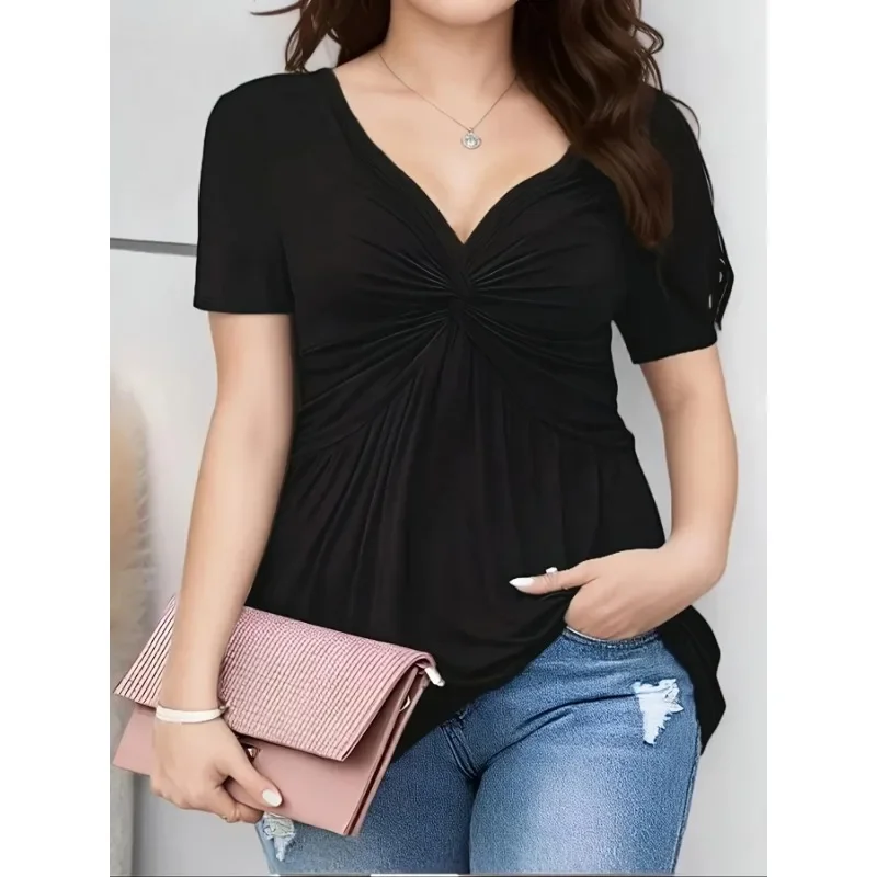 حجم كبير 1XL-5XL المرأة عادية المألوف مطوي الجبهة تنوعا التنقل العميق الخامس الرقبة قصيرة الأكمام تي شيرت كامل #2