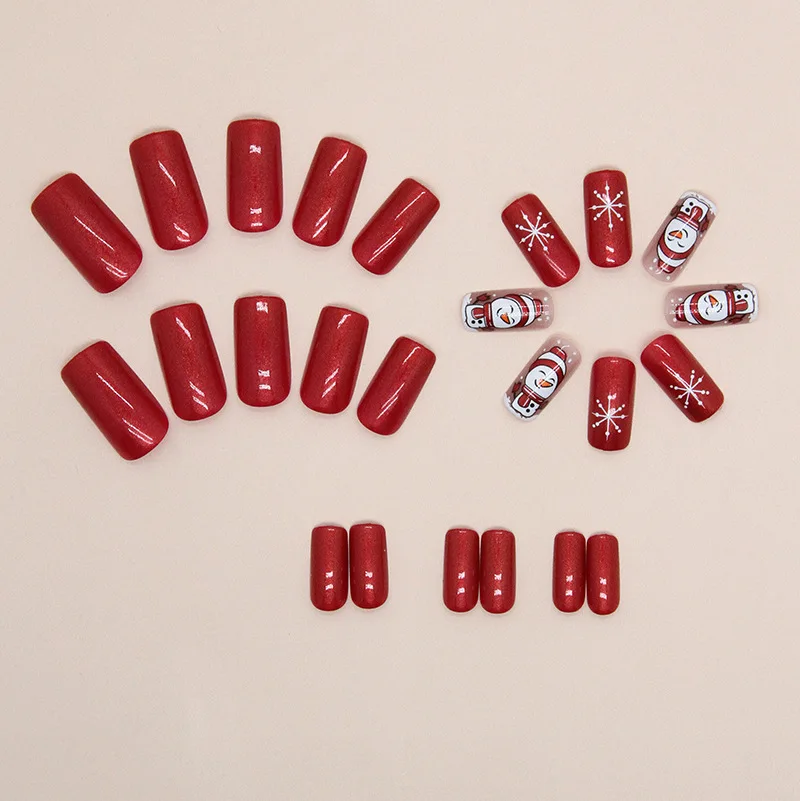 24pcs Aurora Red Christmas Press-On Nails - Snowman & Snowflake Design Long Square False Nails for Holiday Parties