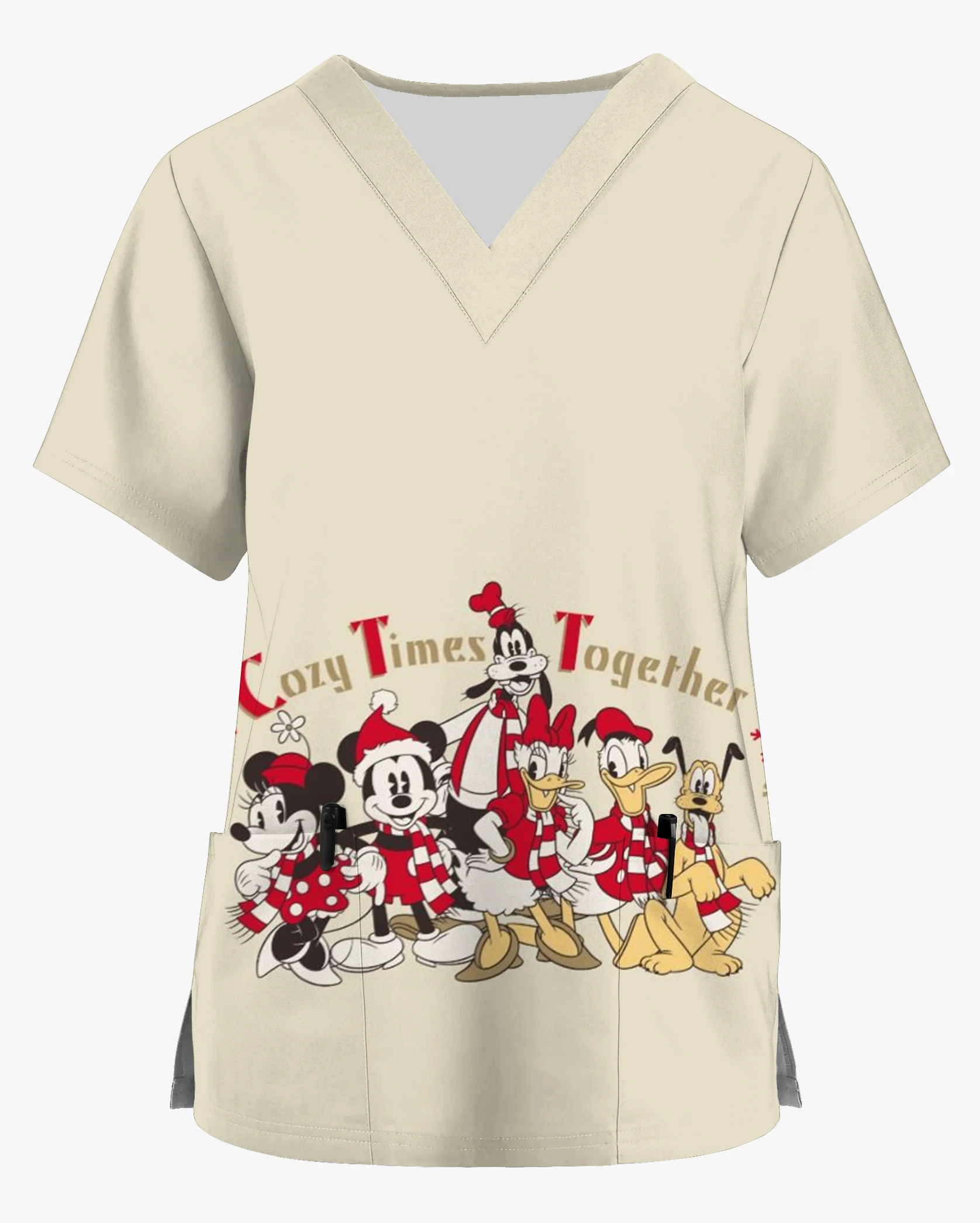 

New Christmas Disney Mickey Minnie Printed Pocket Shirt Women's Short Sleeve V-Neck Men's Top Hospital Pet Shop Work Uniform