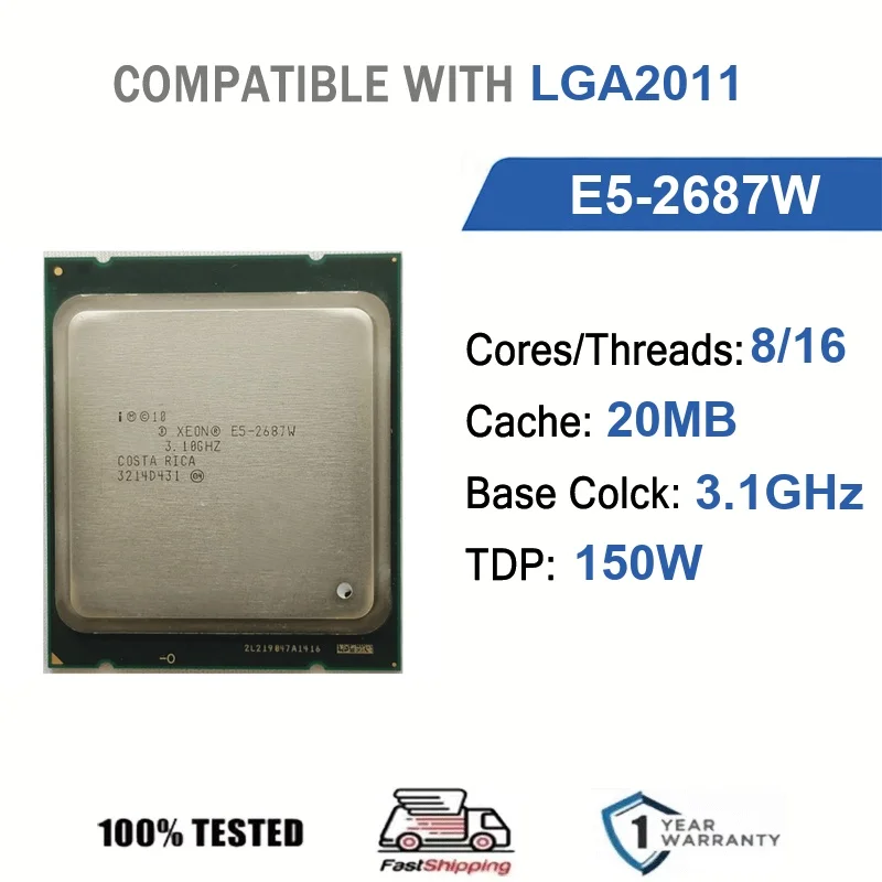 Intel Xeon E5-2687W 8 Core 16 Thread 3.1GHz 150W 20MB Cache 32nm LGA 2011 SR0GX DDR3 800/1066/1333/1600 MHz Sandy Bridge-EP