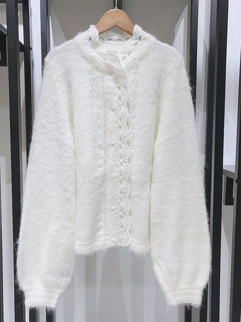 White Women Mohair Wool Sweater Hollow Out Lace Stitching Long Sleeve Female Casual Knitted Cardigan 2024 New