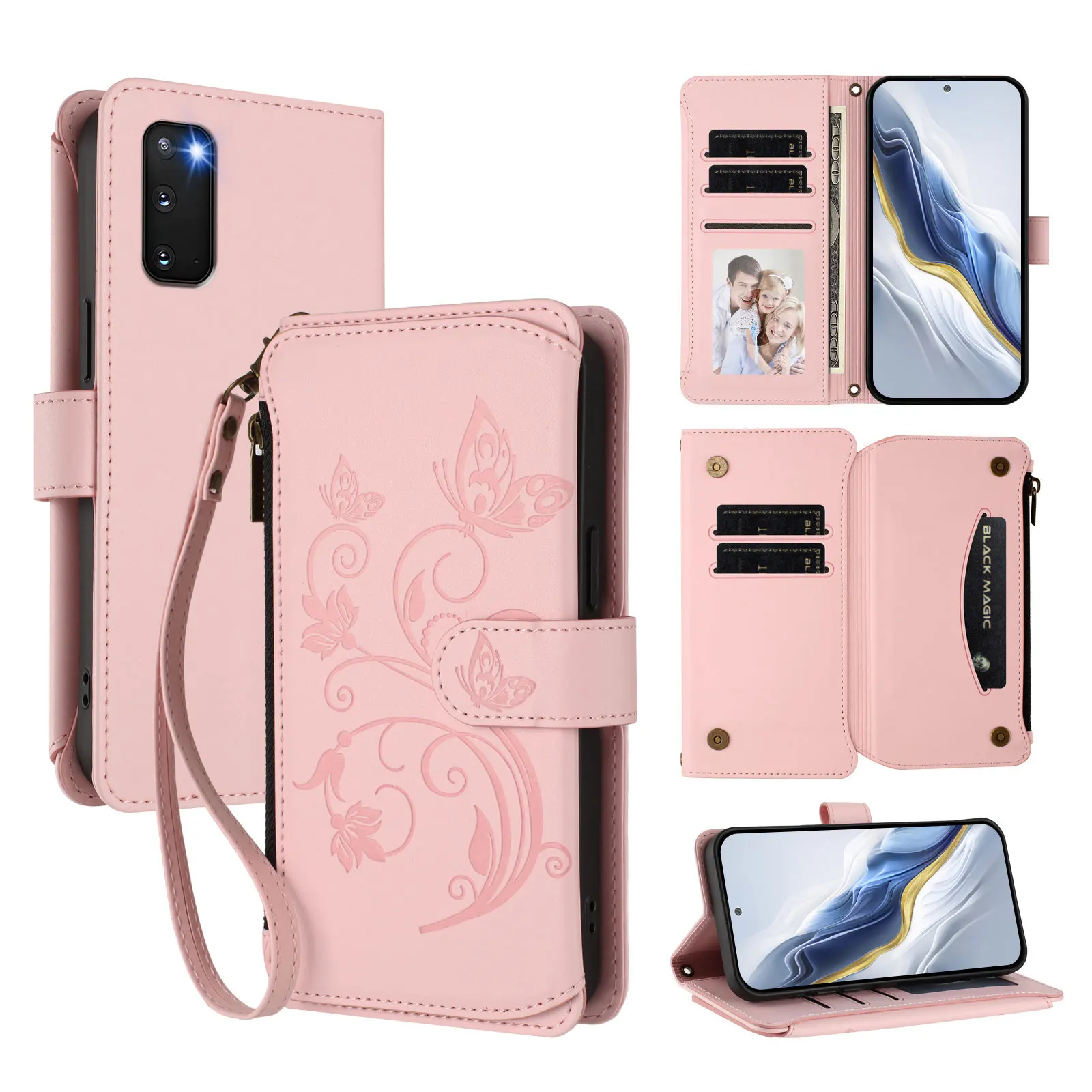 Butterfly Flower PU Leather Silicone Case, Compatible with Samsung Galaxy S20/S20 FE with Wrist Strap and Zipper Flip Card Case