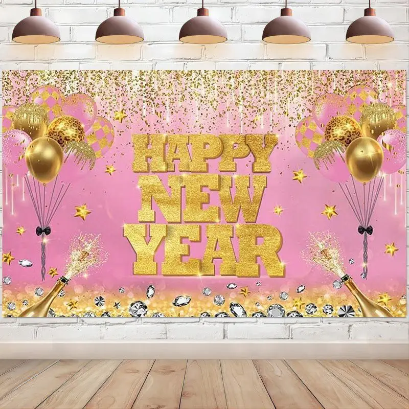 Pink and Gold Happy New Year Backdrop Countdown Shiny Champagne Fireworks Balloon Photography Background Party Decoration Banner